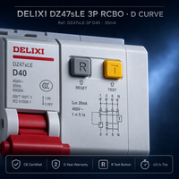 DELIXI RCBO Tiga Fasa Kurva D 3P Pemutus Sirkuit Arus Sisa 400V 6kA Kebocoran Arus Tanah Bersertifikasi CE Tugas Berat Elevator 40A