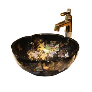 <span class=keywords><strong>Lavabo</strong></span> in Ceramica di Jingdezhen Design a Farfalla, Lavandino da Appoggio in Porcellana Nero e Blu a Forma di Fiore per <span class=keywords><strong>Bagno</strong></span> - Product Image 1