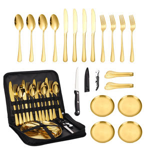 Juego de Cubiertos para Acampar al Aire Libre para 4 Personas, Vajilla Portátil de Acero Inoxidable para Picnic con Estuche, Acabado Dorado - Product Image 3