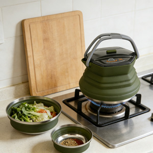 Collapsible Green Cooking <b>Pot</b> With Lid 3-4L Stainless Steel Foldable Outdoor Camping Gas Stove Compatible - Product Image 1