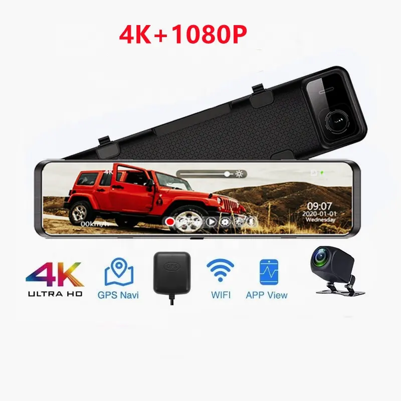 Câmera de ré de 4k + 1080p 12 polegadas, lente dupla, espelho, dvr, câmera frontal e traseira 4k, com wi-fi, gps, visão noturna