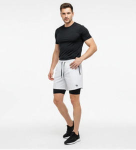 Shorts de course blancs unis pour hommes avec doublure de compression noire, séchage rapide, style sportif, en polyester/coton, taille à cordon de serrage, poches - Product Image 4