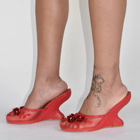 Fabricant de sandales personnalisées à talons compensés brodées en maille pour femmes, chaussures d'été à bout rond et à enfiler, fleurs avant D