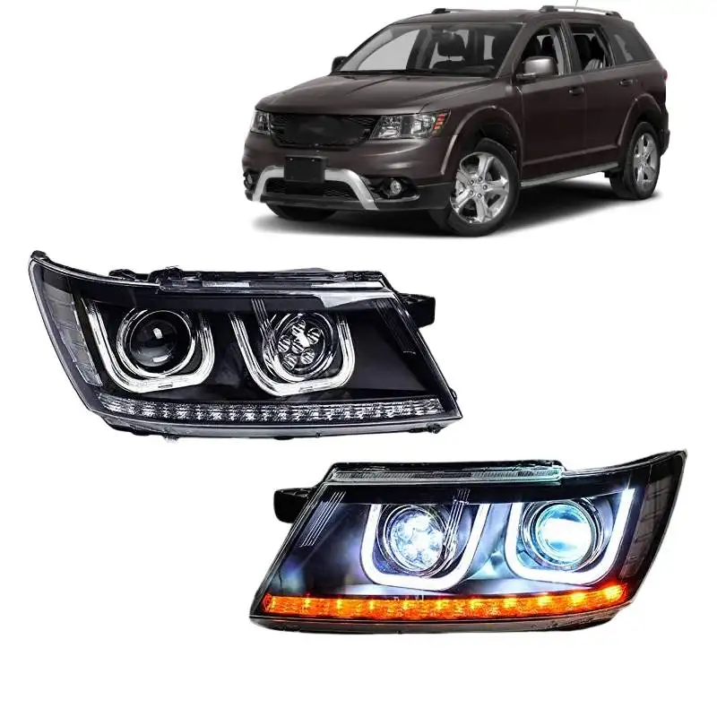 Rakitan lampu depan xenon tipe mobil, untuk Dodge Journey 2014 lampu depan dengan bilah LED, mata malaikat double, colokan desain U dan pla