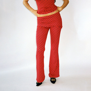 Conjunto de Dos Piezas para Mujer con Estampado de Lunares, Pantalones Acampanados Casuales, Cuello Redondo, Manga Corta, Tejido Transpirable de Poliéster - Product Image 4