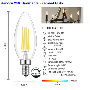 Benory Ra90 24V PWM Thay Đổi Độ Sáng E27 E14 Ánh Sáng Toàn Cầu Nhà Thông Minh 6W <span class=keywords><strong>LED</strong></span> Bóng Đèn Dây Tóc A60 C35 2700K 3000K Edison Bóng Đèn - Product Image 5