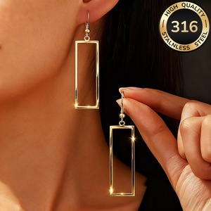 Boucles d'oreilles rectangulaires en acier inoxydable, personnalisées, audacieuses et transfrontalières, longues et avec crochets, pour le charme féminin - Product Image 2