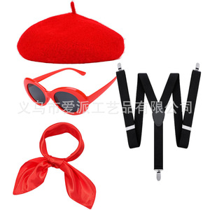 Ensemble de costume d'artiste français pour femme, comprenant un béret, une écharpe rouge, des bas rayés, des bretelles et des gants blancs, pour fête d'Halloween et jeu de rôle - Product Image 5