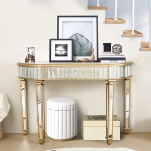 Half Moon <b>Mirrored</b> <b>Console</b> Table 47 In Fluted Glass Drawer Crystal Knob Vanity Desk For Bedroom Dressing Area - Product Image 3