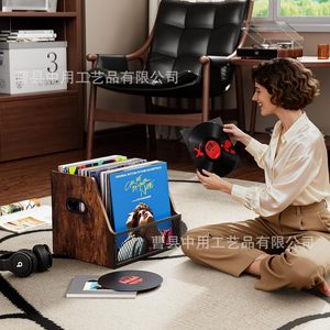Cesta de almacenamiento de discos de madera, estante de hierro y madera combinados para exhibir colecciones de música en vinilo y CD. - Product Image 2