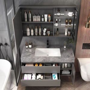 Mueble de Baño con Encimera de Losa, Lavabo Integrado, Espejo Inteligente y Gabinete de Madera Sólida Multicapa Gris - Product Image 3