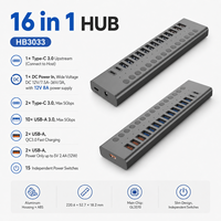 Hub USB 3.0 Alimenté 16-en-1, 10x USB-A 5 Gbps, Charge Rapide QC3.0, 2x USB-C avec Interrupteurs Individuels, Aluminium, Garantie 12 Mois, En Stock