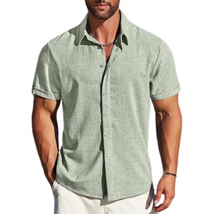 Chemises de vacances pour hommes en lin/coton respirant de haute qualité, à manches courtes, col montant, décontractées, personnalisables (ODM), couleurs et motifs imprimés sur mesure - Product Image 1