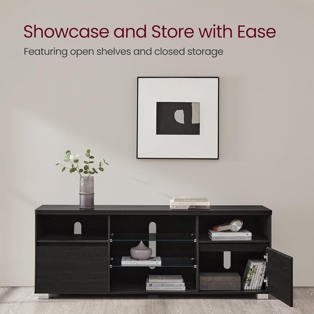 MDF Media Console TV Stand With Glass Shelves Storage Doors Open Compartments Freestanding Television Cabinet for Living Room