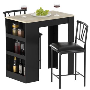 Petite table haute moderne avec panneau supérieur, chaises et tabourets de cuisine/salle à manger pour 2 personnes, avec étagères de rangement, gain de place, gris - Product Image 4