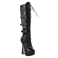Bottines longues en faux cuir pour femmes, chaussures bout rond, de couleur noire, plateforme, talons hauts, étiquette privée, à ajouter soi-même, gratuites