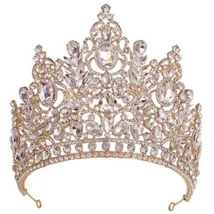 Coroa de prata para casamento e aniversário de rainha, tiara alta de metal decorativa grande com diamantes, coroa para concurso de Miss Universo