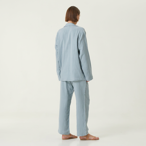 Ensemble de détente 2 pièces en coton pour femme, manches longues, col rabattu, couleur unie, coupe ample, respirant, lavage à la main, confortable, pour le printemps - Product Image 1