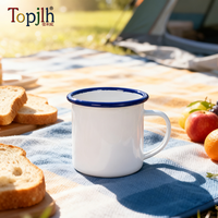 Mug en émail vierge pour sublimation Topjlh 12oz/350ml avec bord bleu, personnalisable, pour le camping, vente en gros