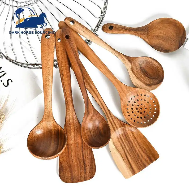 Aksesori memasak dapur jati alami, spatula kayu sendok set peralatan dapur 7 buah kualitas tinggi