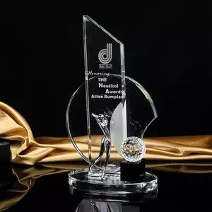 Wholesales Custom Blank Crystal Glass Sandblasting Engraving Golf Trophy With Color Printing Logo With K9 Crystal Base