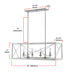 Lustre moderne de style farmhouse carré à 6 lumières linéaires E12 |   Luminaire suspendu blanc et nickel brossé pour îlot de cuisine et salle à manger - Product Image 5