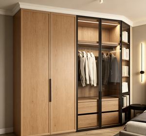 Modern <b>Bedroom</b> Wardrobe with Black Frame Glass Door & Integrated Book Shelf | LED-Lit <b>Storage</b> & Dual-Zone Hanging Design - Product Image 6