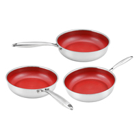 3Pcs Set Wajan Anti Lengket Lapisan Keramik Merah Bebas PFAS 3 Lapis Baja Tahan Karat Model Sarang Lebah Set Wajan Penggorengan Baja Tahan Karat