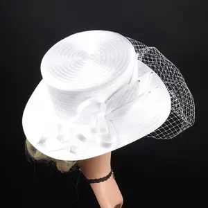 Topi gereja putih mewah topi pesona pesta Kentucky Derby kain Satin jamuan makan aksesori rambut untuk wanita