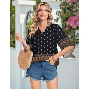 Blusa Bohemia para Mujer, Manga 3/4, Cuello en V, Estampado Floral, Corte Holgado, Túnica Informal de Chifón, para Uso Diario - Product Image 4