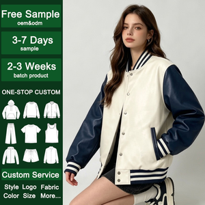 Blouson universitaire pour <span class=keywords><strong>femme</strong></span> en similicuir rayé avec bordure côtelée et boutons-pression, style streetwear minimaliste, coupe oversize, vente en gros - Product Image 1