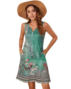 Elegante Abito Estivo Vintage da Donna con Scollo a V, Stampa Bohémien, Senza Maniche, Lunghezza Midi con Paillettes - Product Image 1