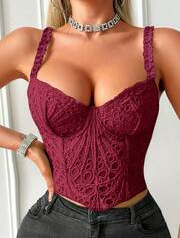 <span class=keywords><strong>Bustier</strong></span> court personnalisable en dentelle ajourée avec bretelles à volants, armatures en acier et baleines, effet gainant et transparent - Product Image 4