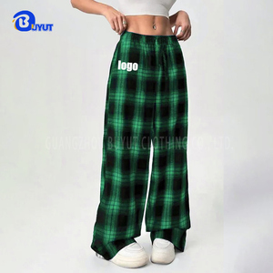 לוגו מותאם אישית בופלו גינגהם רך פלנל רחב מכנסיים ברגל בינוני מתאים רופפים נשים פיג 'מה נשים שינה ללבוש ללבוש dtf עיצוב מסך dtf - Product Image 4