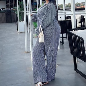 Women's Striped Button-<b>Down</b> Bell-Sleeve Long-Sleeve Shirt & Wide-Leg <b>Pants</b> African Casual 2-Piece Set Fashion - Product Image 3