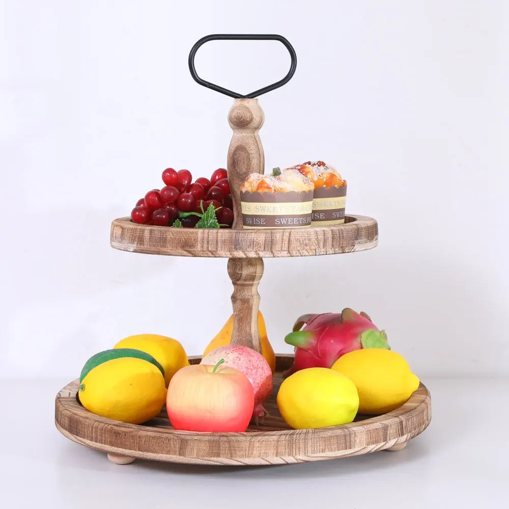 Two tiered tray with metal handles, distressed wooden farmhouse kitchen decoration, wooden decorative fruit stand