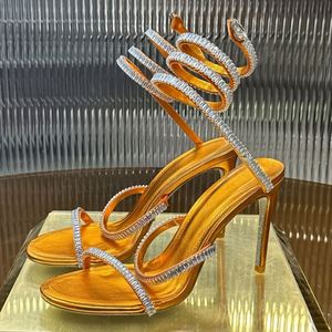 Sandales à talons hauts en cuir pour femmes, ornées de cristaux de luxe, à fines brides enveloppantes et bout ouvert - Product Image 3