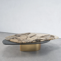 Table basse résidentielle Dream Home en matériaux mixtes, plateau ovale arrondi en marbre et bois, pieds massifs bombés