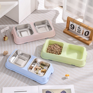 ชงเค ชามสแตนเลสคู่สำหรับสัตว์เลี้ยง 29x14x5 ซม. ฐานพลาสติก สำหรับแมวและสุนัข ชามใส่อาหารและน้ำ ดีไซน์ป้องกันการล้มคว่ำ - Product Image 3