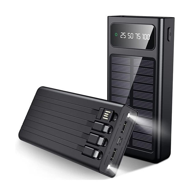 New Arrivals Led Display Fast Charging Mobile Phone 10000mah 20000mah Powerbank 4 Cables Portable Solar Power Bank With Cable