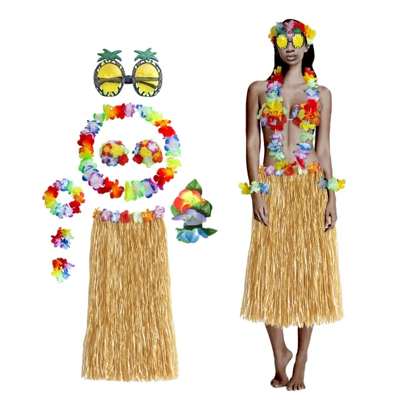 PHOGARY 8 paket Hula etek kostüm aksesuarı kiti Hawaii Luau parti dans Hula çiçek Bikini üst, hawaiian Lei, Hibis