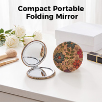 Miroir compact en liège double face pliable, miroir de poche vintage à imprimé floral, miroir de maquillage portable de voyage pour femme, cadeau