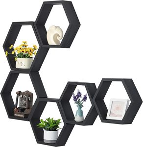 Set 6 Black Wooden Hexagon Floating <b>Shelves</b> <b>Square</b> Storage Honeycomb Boxes Single Standing OEM Design Painted Surface Storage - Product Image 2