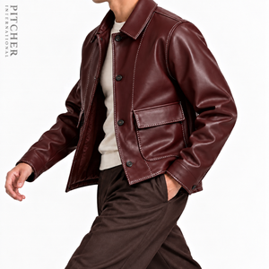Mens Burgundy Leather Chore Jacket <b>Vintage</b> Button Up <b>Coat</b> with Contrast Stitching - Product Image 4