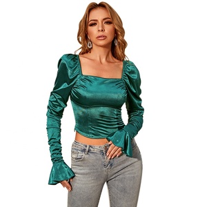 Top Designer in Chiffon <span class=keywords><strong>con</strong></span> Maniche a Volant Doppie Personalizzate OEM, Stile Crop Arricciato in Raso, per Donna, Disponibile Online in India - Product Image 5