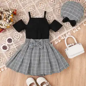 2023 Spring Summer New Suspended Shoulder Strap Short Sleeve Off Shoulder Checked Bow Hat Short Skirt Girls Clothing Sets