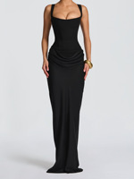 Robe longue de soirée chic décontractée pour femme, col carré, bretelles réglables, dos nu, sexy, à volants superposés, plissée
