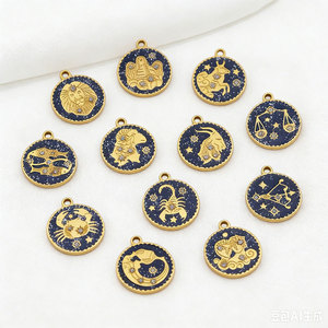 Colgante redondo de doce constelaciones chapado en oro con diamantes para componentes de joyería DIY, collares y pulseras - Product Image 3
