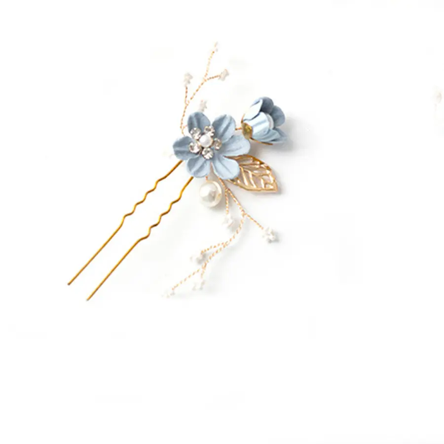 Korea pink five petal flower hair pin purple bead fancy hairpin for girls