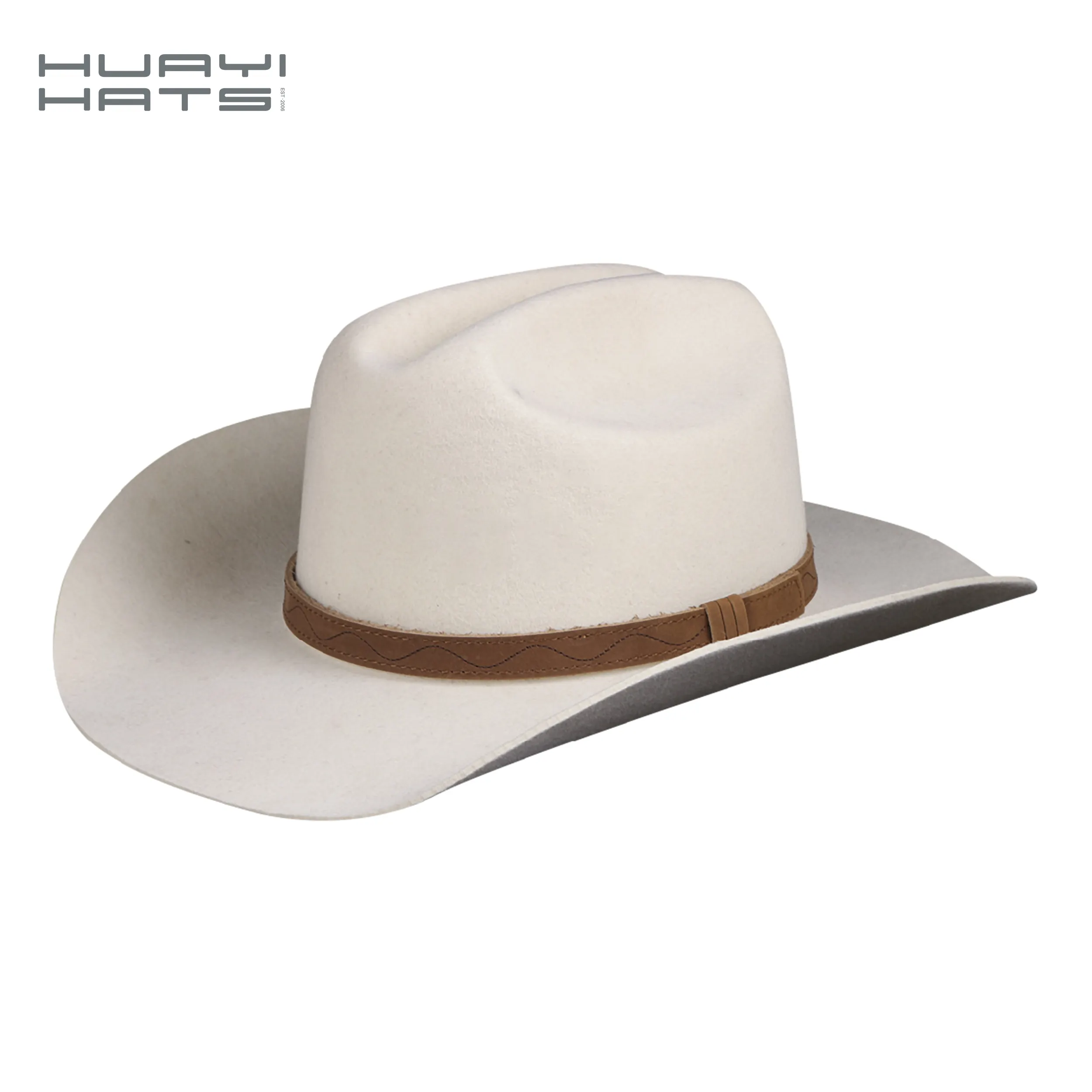 HUAYIHATS-Sombrero de vaquero para hombre y mujer, de ala ancha, estilo occidental, 100% lana de fieltro, blanco